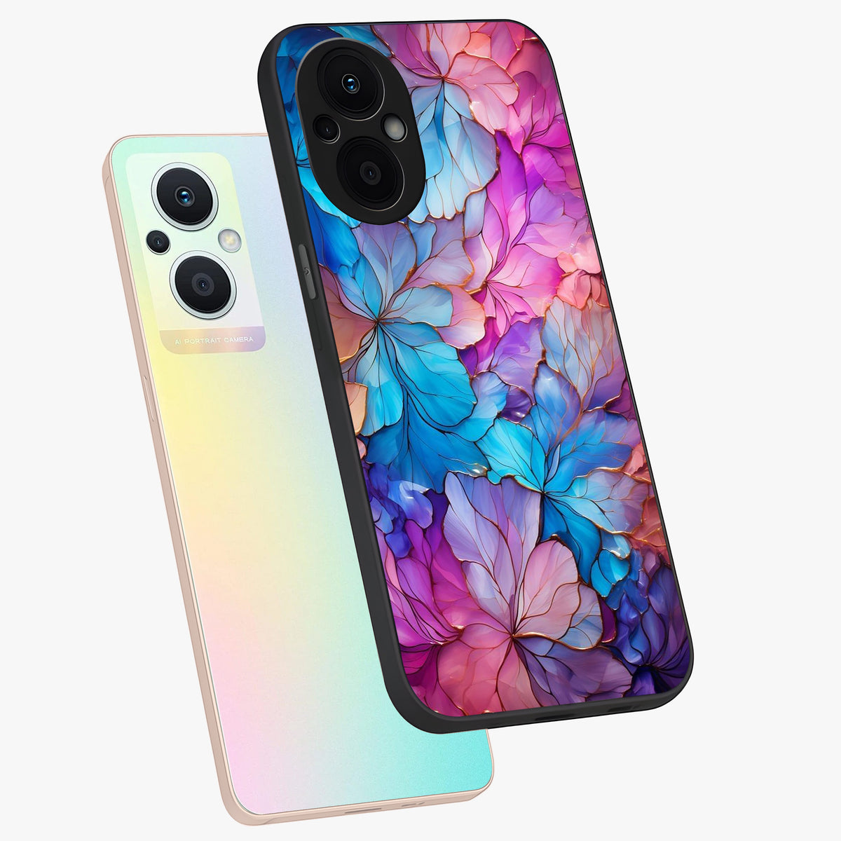 Radiant Floral Whirl Glass Case displayed in angled mockup highlighting vibrant flower pattern with dynamic artistic aesthetic.
