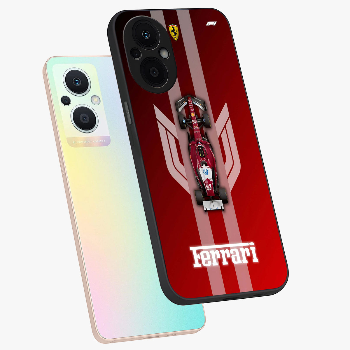 Red Ferrari F1 Vertical Glass Case displayed in angled mockup highlighting high speed racing design with bold automotive aesthetic.