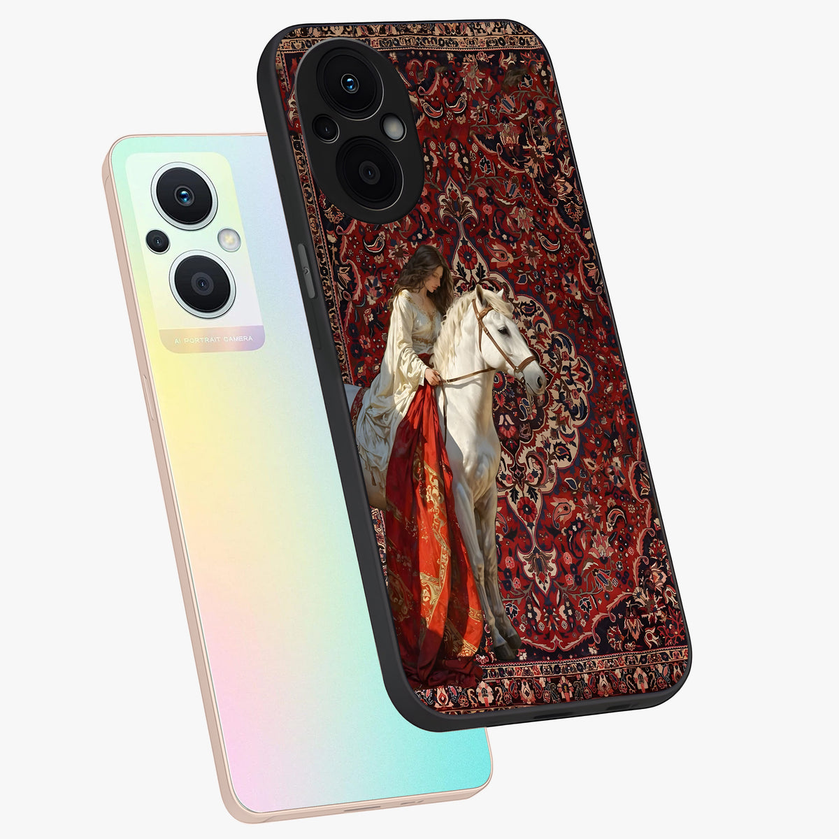 Royal Rider Tapestry Glass Case displayed in angled mockup highlighting traditional tapestry design with royal heritage aesthetic.