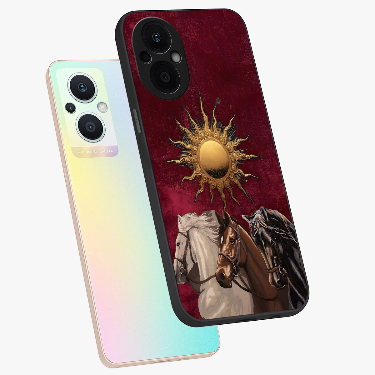 Solar Riders Glass Case displayed in angled mockup highlighting powerful rider illustration with radiant solar aesthetic.