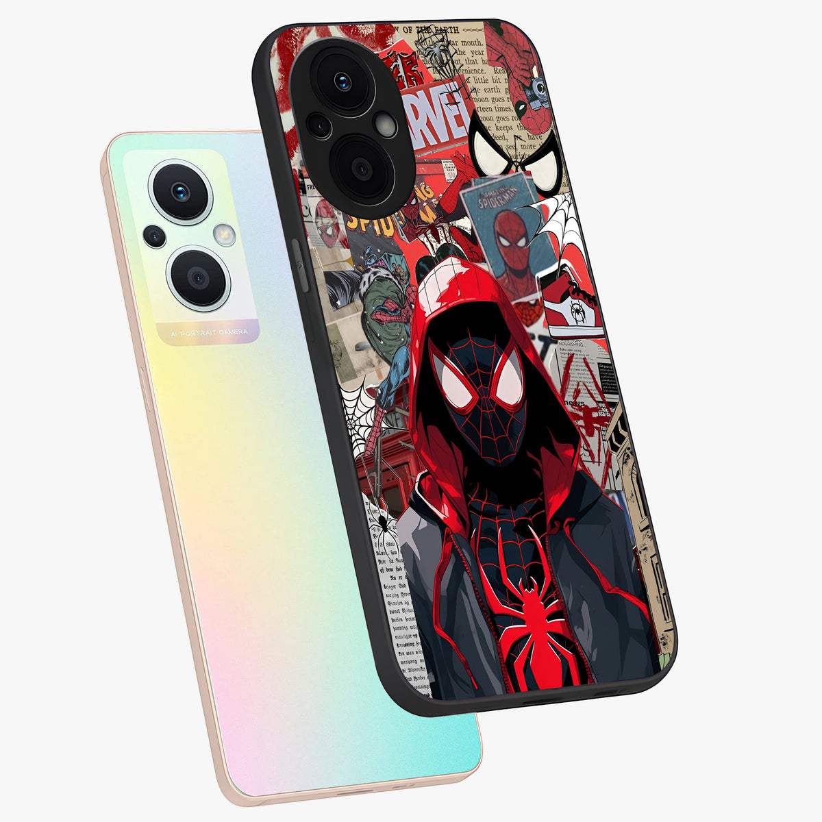 Spider Collage Street Glass Case displayed in angled mockup highlighting dynamic street style collage design with comic aesthetic.