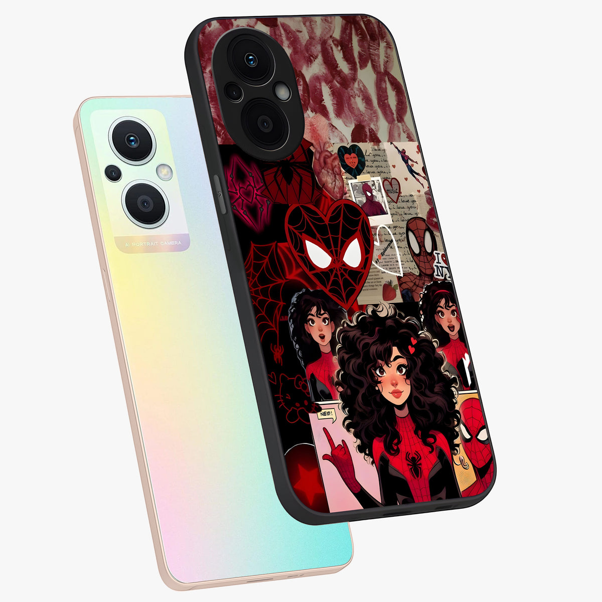 Spider Love Story Glass Case displayed in angled mockup highlighting expressive comic inspired design with playful aesthetic.