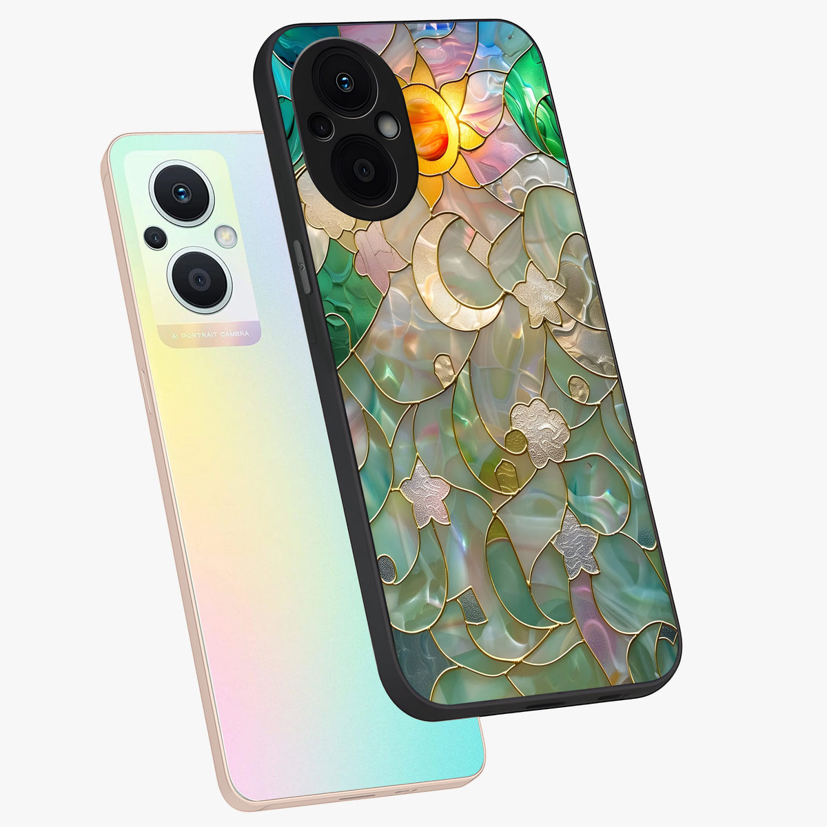 Stained Sunrise Glow Glass Case displayed in angled mockup highlighting radiant sunrise design with artistic aesthetic style.