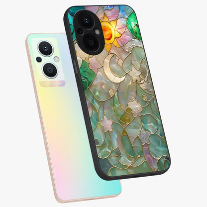 Stained Sunrise Glow Glass Case displayed in angled mockup highlighting radiant sunrise design with artistic aesthetic style.