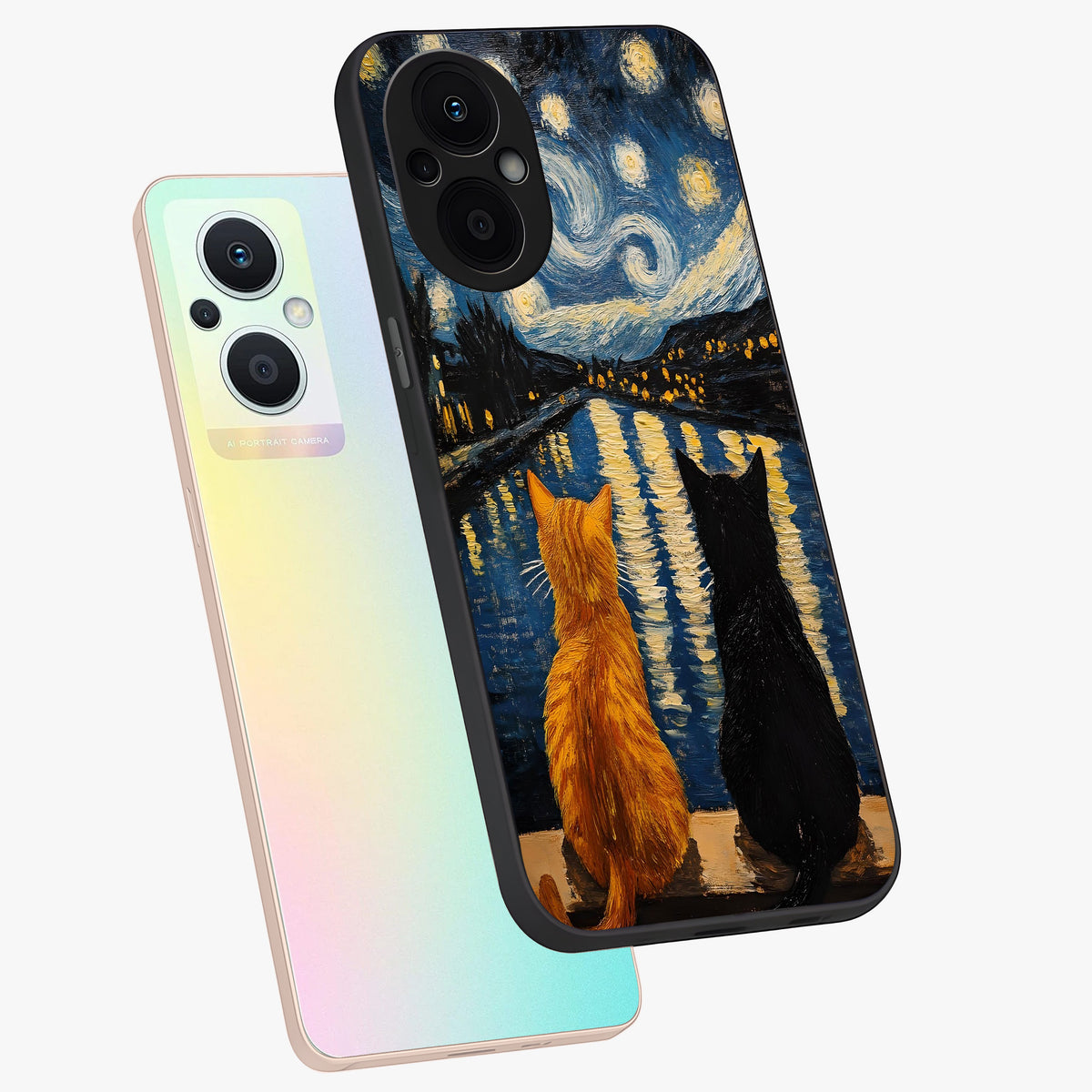 Starry River Cats Glass Case displayed in angled mockup highlighting charming feline illustration with dreamy night aesthetic.