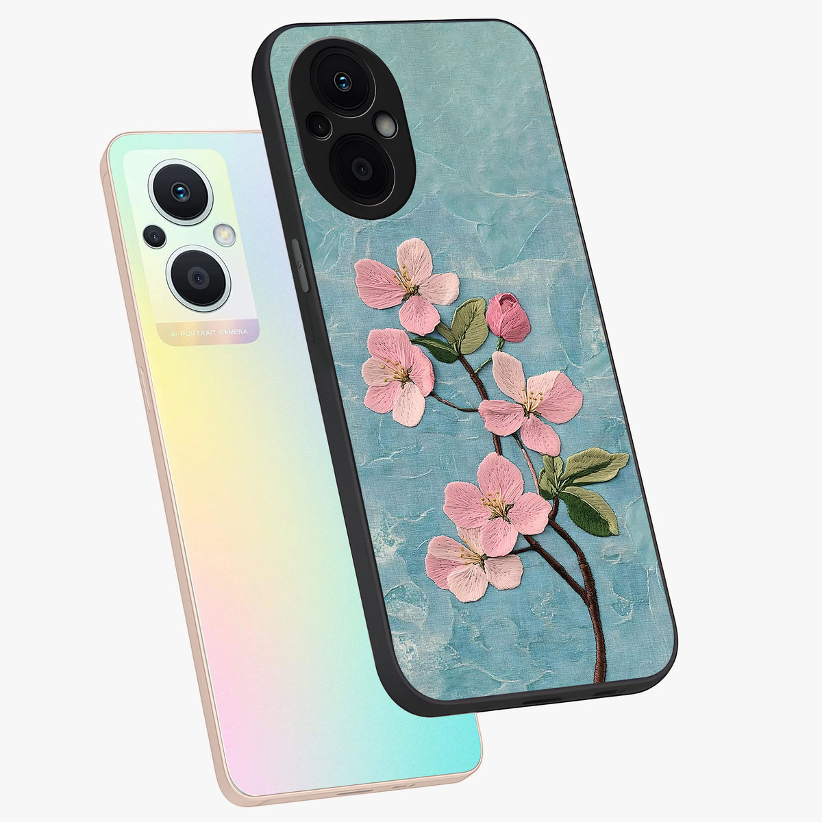 Threaded Blossom Breeze Glass Case displayed in angled mockup highlighting elegant floral design with soft aesthetic style.