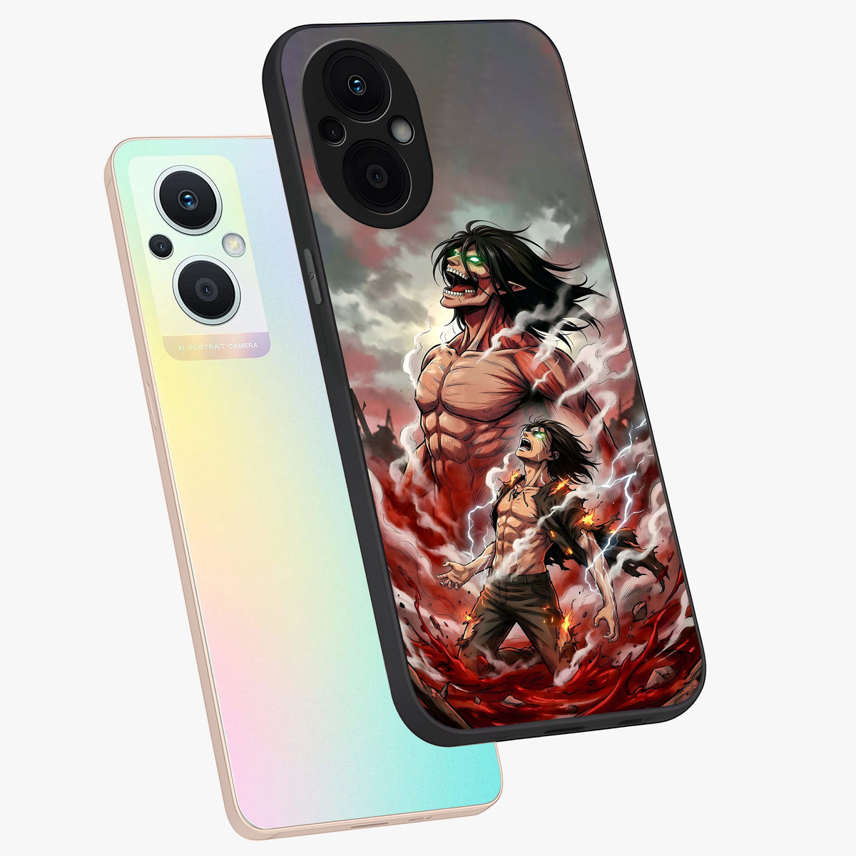 Titan Awakening Fury Glass Case displayed in angled mockup highlighting dramatic giant warrior design with bold anime aesthetic.