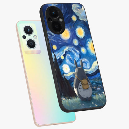 Totoro In Van Gogh Art Glass Case displayed in angled mockup highlighting artistic swirling sky design with playful animation aesthetic.