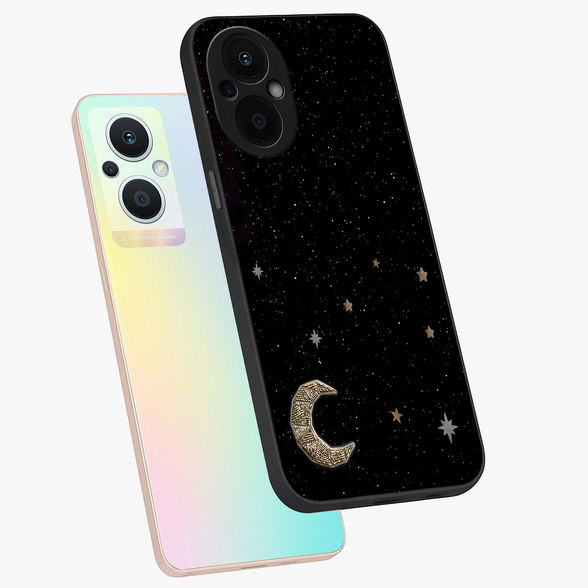 Twinkle Star With Half Moon Glass Case displayed in angled mockup highlighting celestial moon and star design with magical aesthetic.