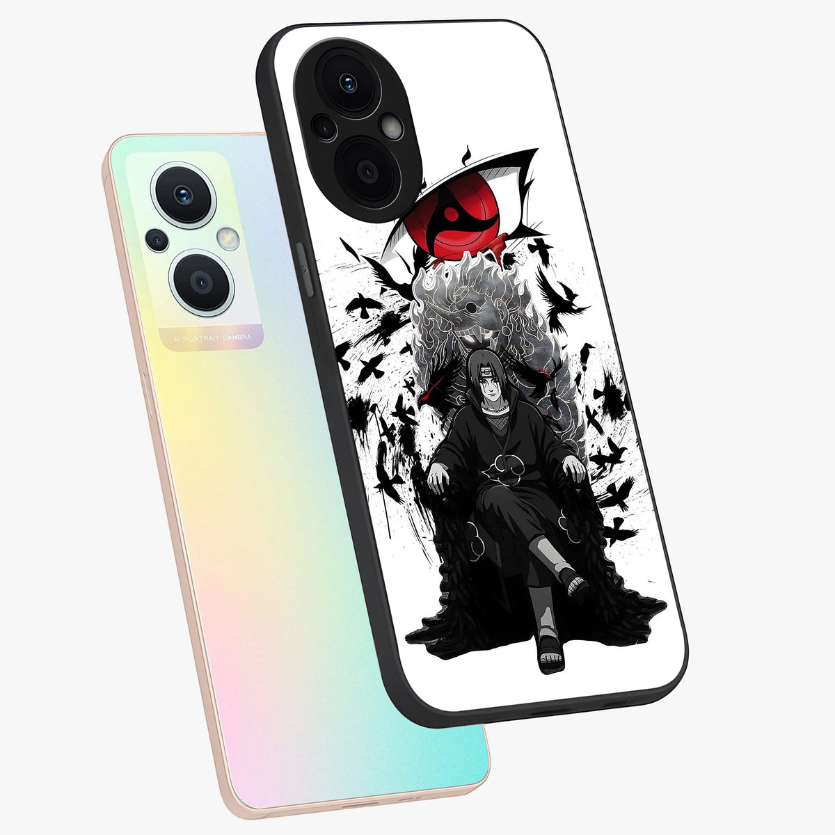 Uchiha Shadow Throne Glass Case displayed in angled mockup highlighting glowing aquatic design with celestial aesthetic.