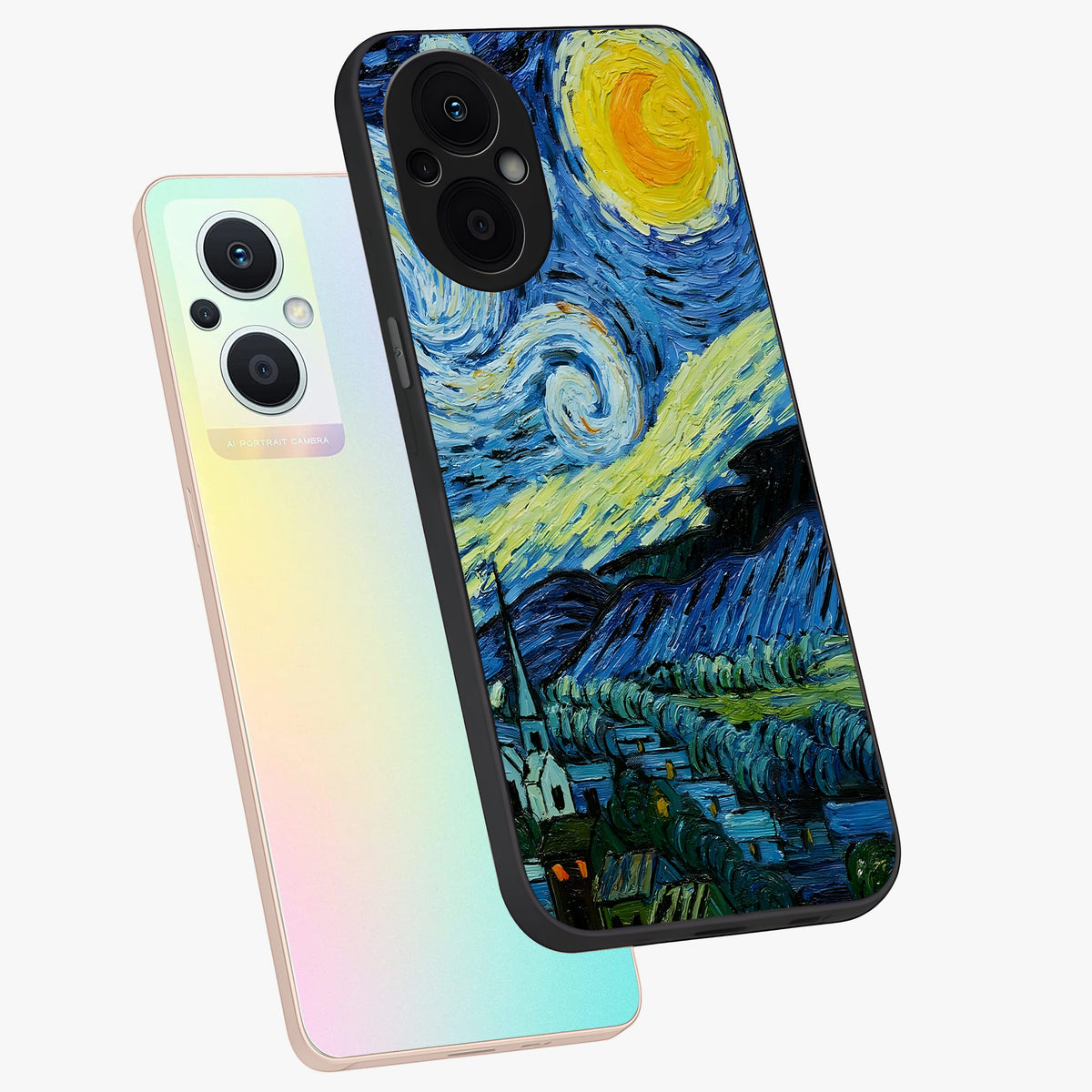 Van Gogh Art Glass Case displayed in angled mockup highlighting swirling brushstroke design with artistic aesthetic.