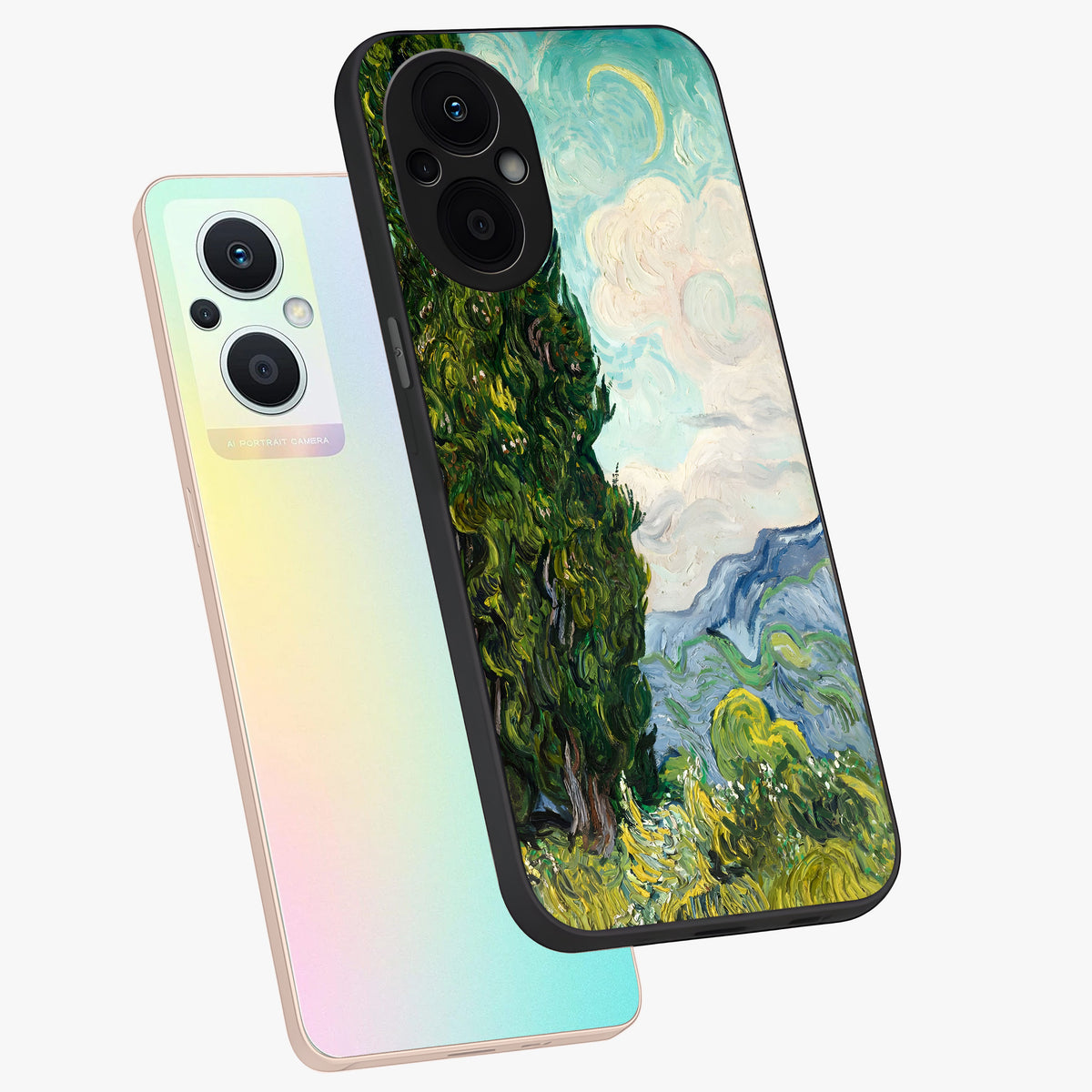Van Gogh Vintage Art Glass Case displayed in angled mockup highlighting textured brushstroke design with classic aesthetic.