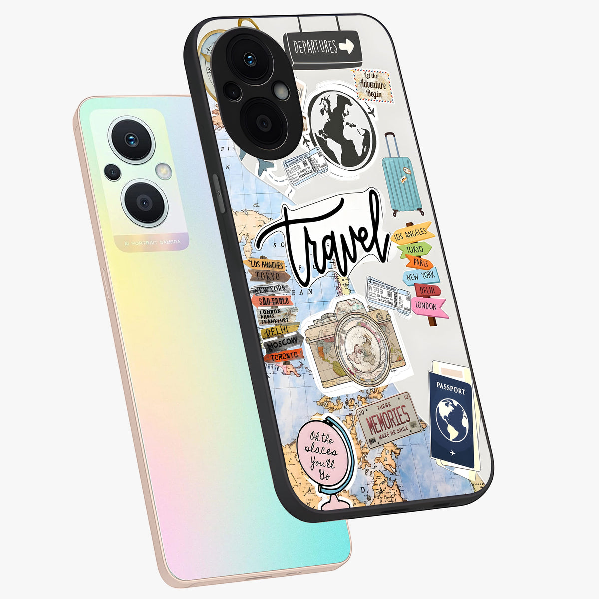 Wanderlust Journal Glass Case displayed in angled mockup highlighting adventure themed design with aesthetic travel vibe.