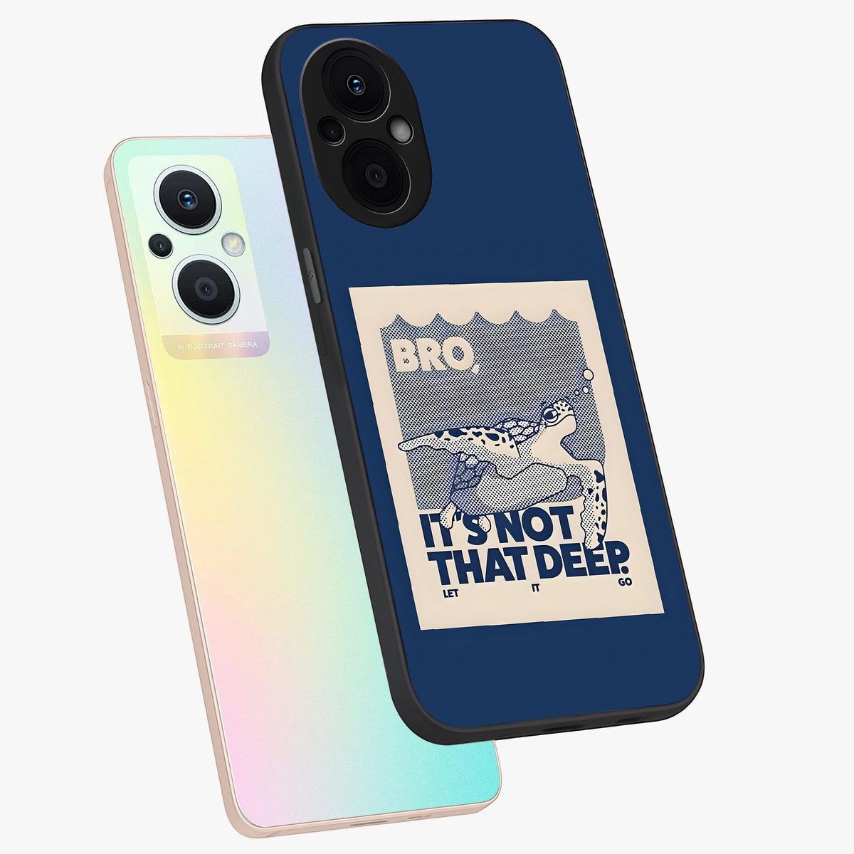 Worry Less Swim Glass Case displayed in angled mockup highlighting fun typography design with relaxed aesthetic style.