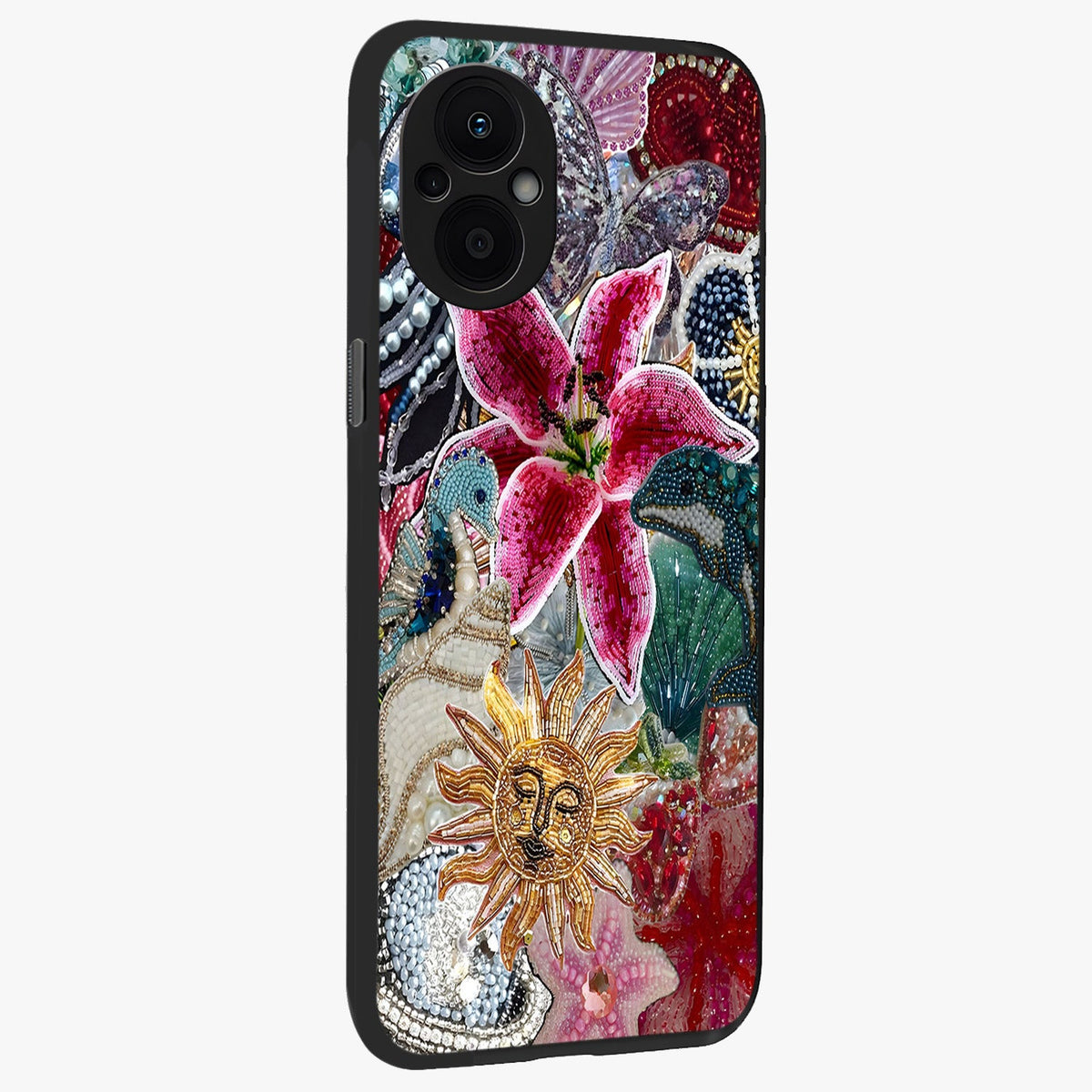 Beaded Garden Fantasy Glass Case upright view showcasing whimsical garden aesthetic with artistic bead details.