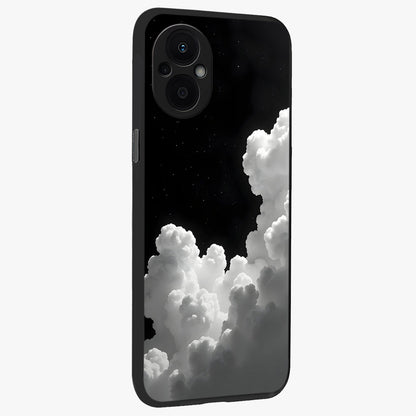 Black Background With White Cloud Glass Case upright view showcasing calm cloud aesthetic with modern minimal style.