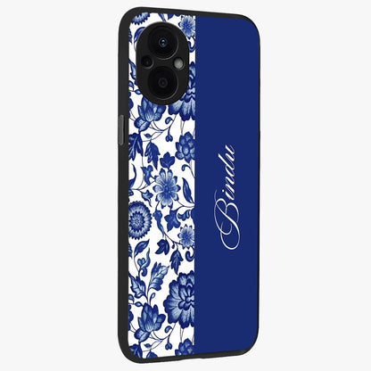 Blue Vintage Floral Pattern Glass Case upright view showcasing delicate blush floral texture with modern minimal style.