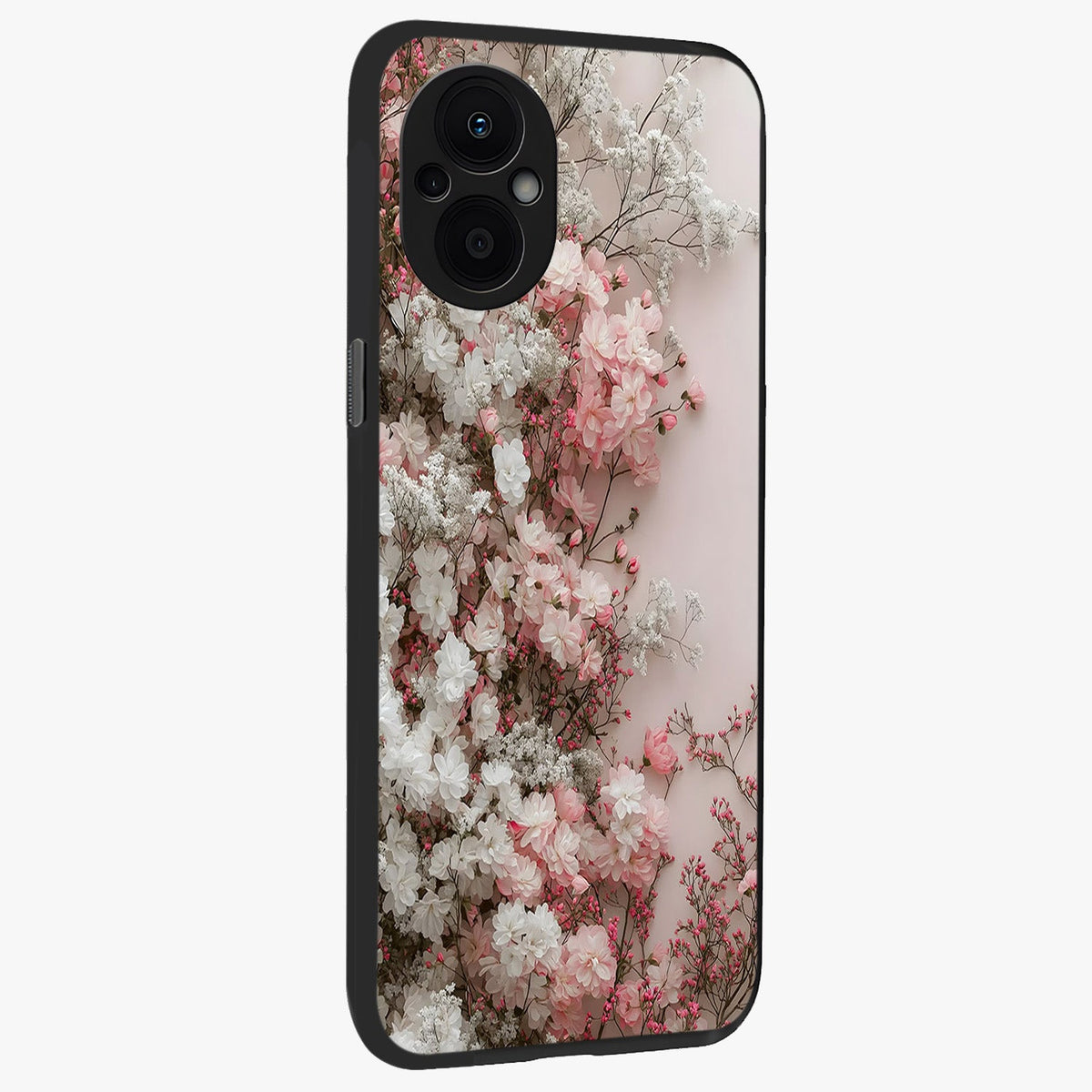 Blush Blossom Cloud Glass Case upright view showcasing calm floral cloud artwork with gentle dreamy theme.