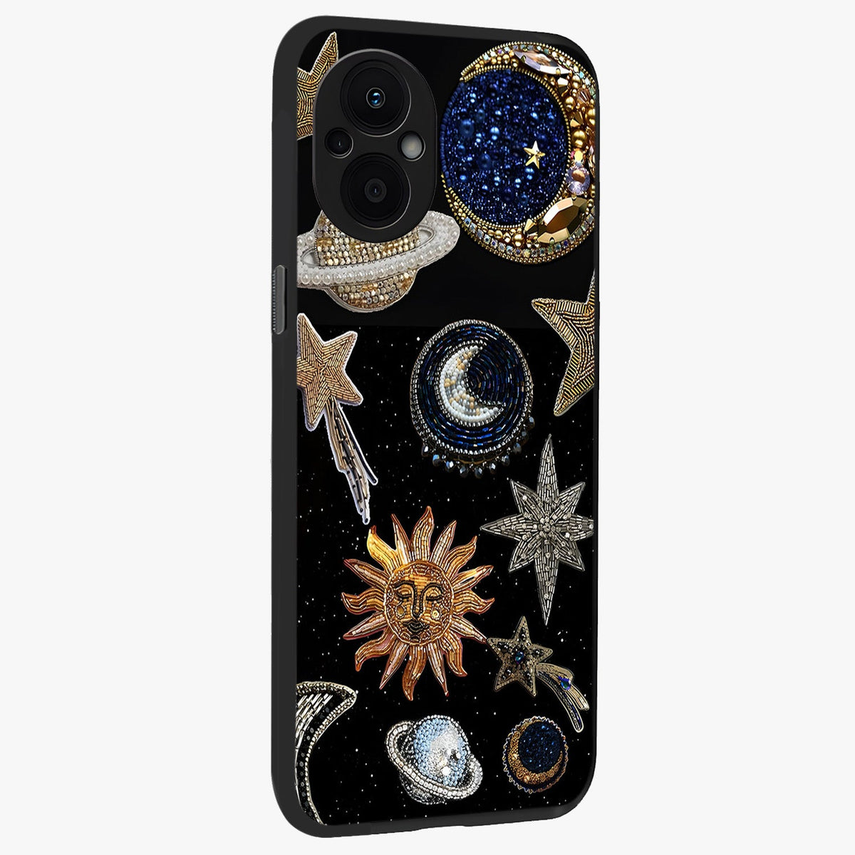 Celestial Gem Constellations Glass Case upright view showcasing cosmic constellation artwork with celestial aesthetic style.