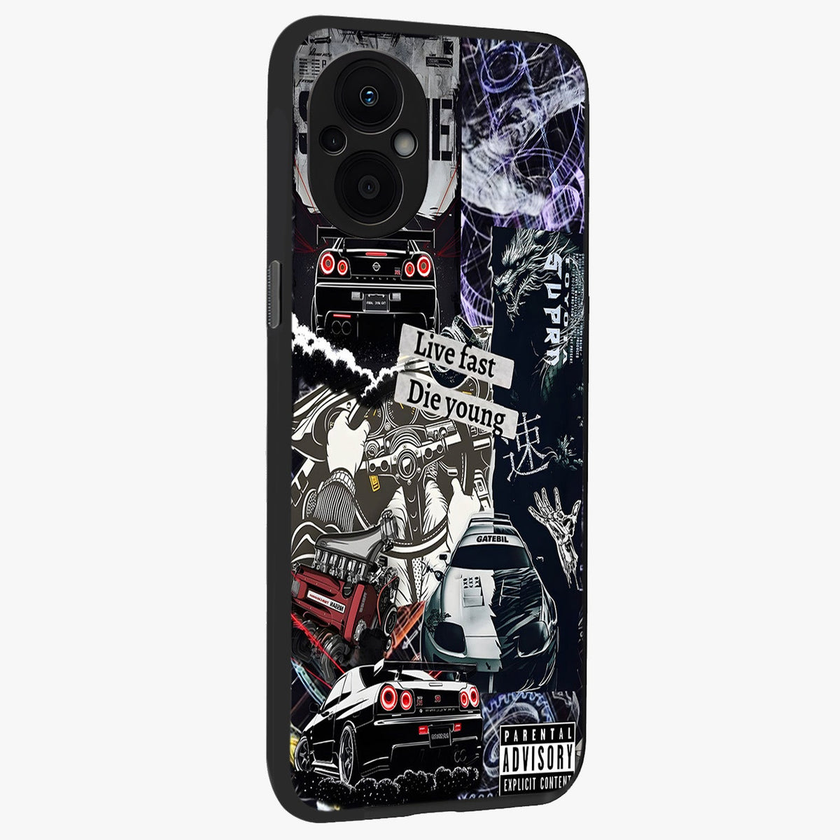 Die Young Glass Case upright view showcasing striking typography artwork with modern statement theme.