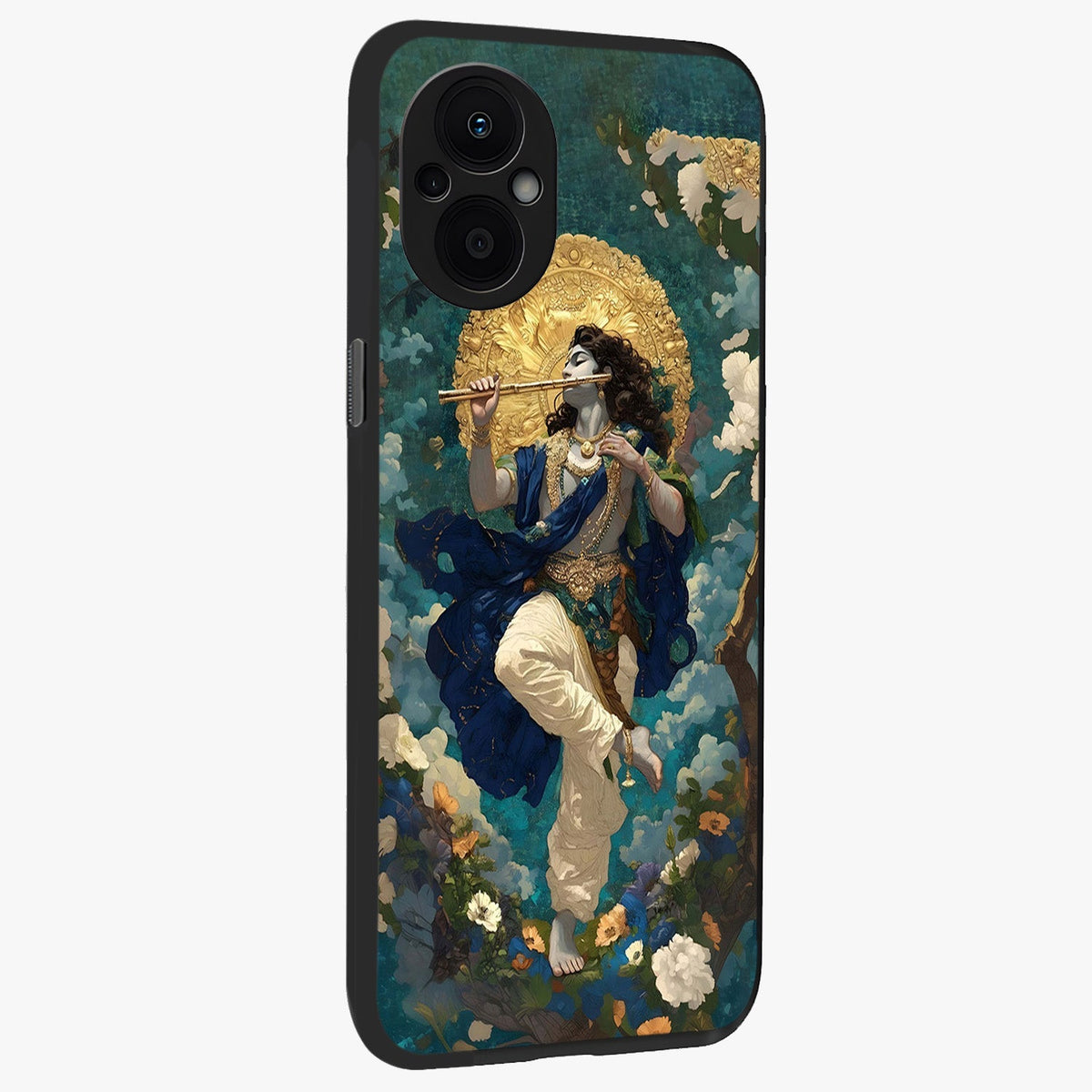 Divine Krishna Art Glass Case upright view showcasing divine Krishna artwork with sacred artistic theme.