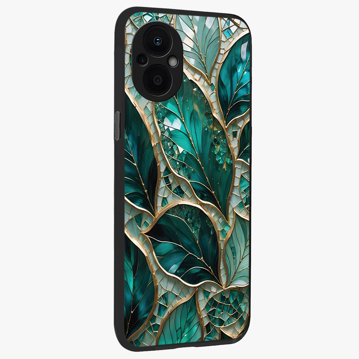 Emerald Leaf Glass Glass Case upright view showcasing fresh green leaf artwork with calming nature inspired style.