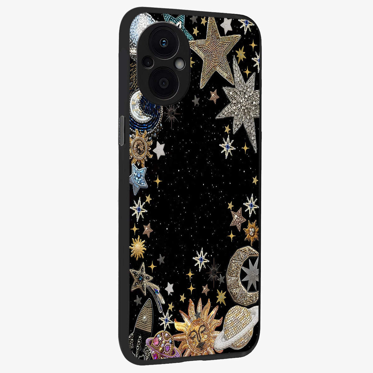 Galactic Jewel Stars Glass Case upright view showcasing glittering star jewel artwork with vibrant galaxy theme.