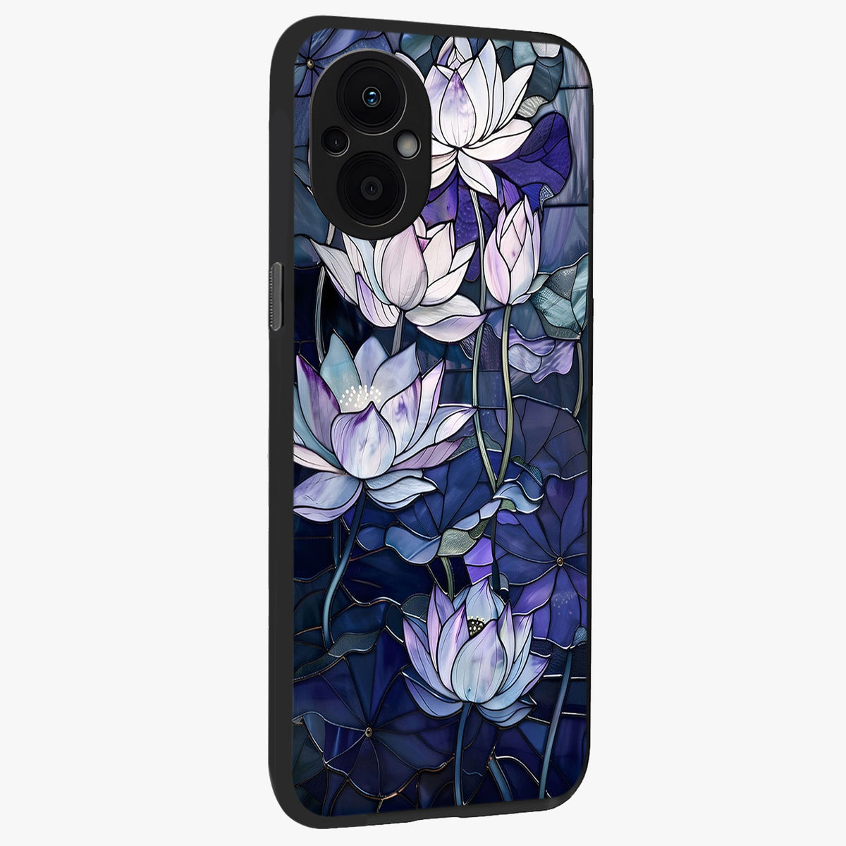 Gloss Petal Rush Glass Case upright view showcasing dynamic floral petal artwork with modern botanical theme.