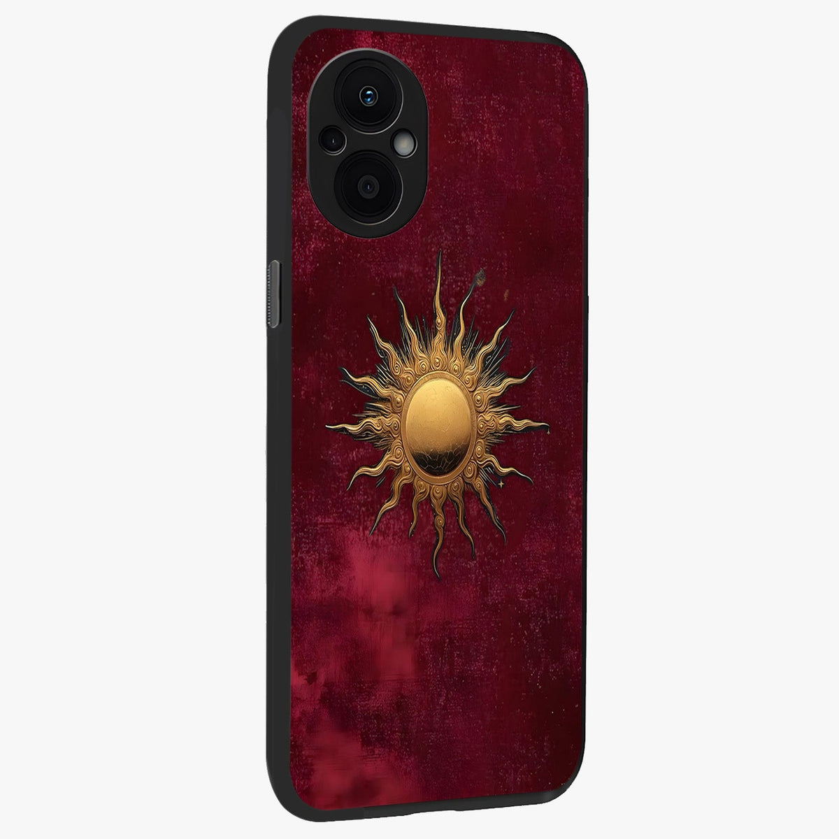 Golden Sun Minimalism Glass Case upright view showcasing simple golden sun artwork with elegant minimalist style.