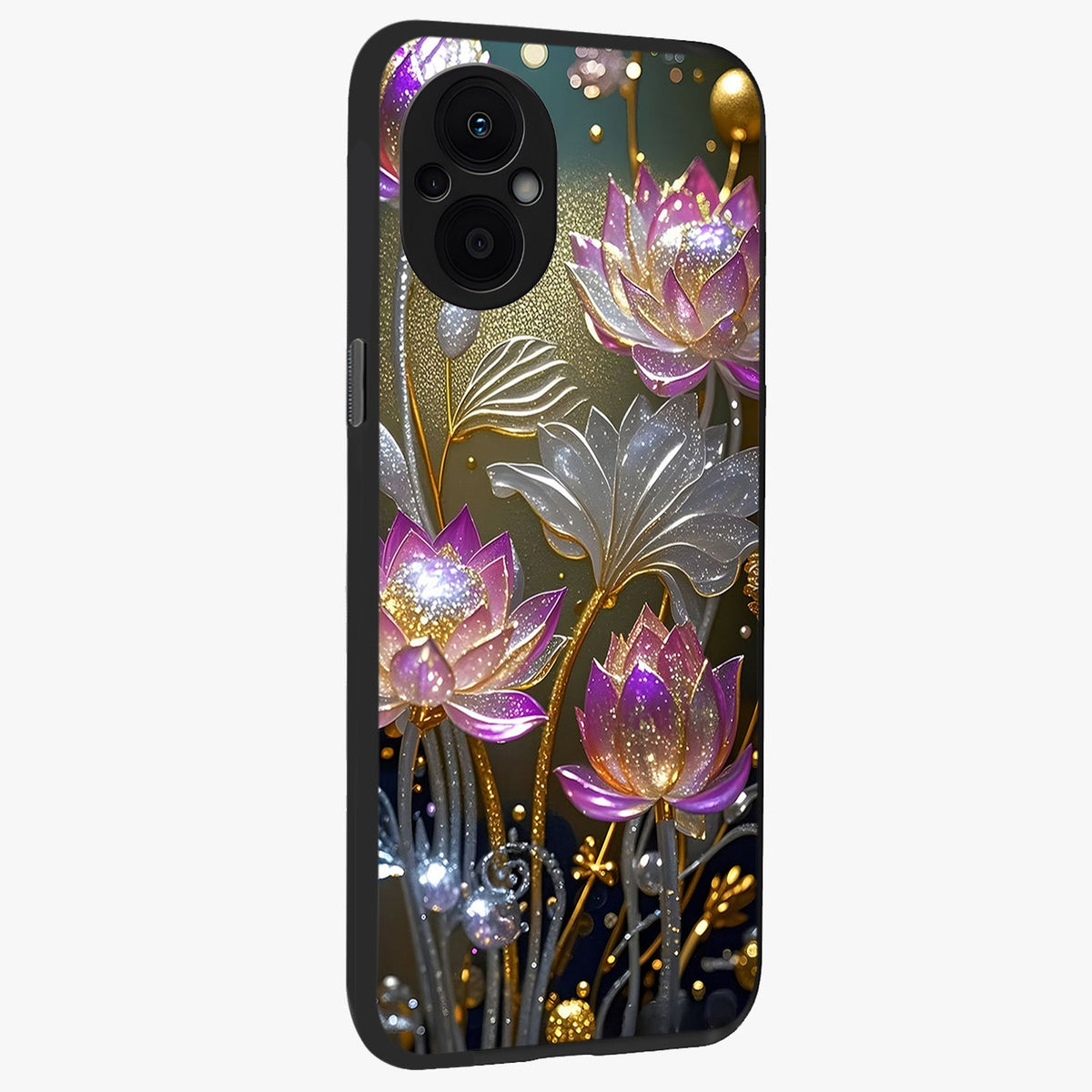Golden Floral Majesty Glass Case upright view showcasing majestic floral artwork with rich decorative theme.