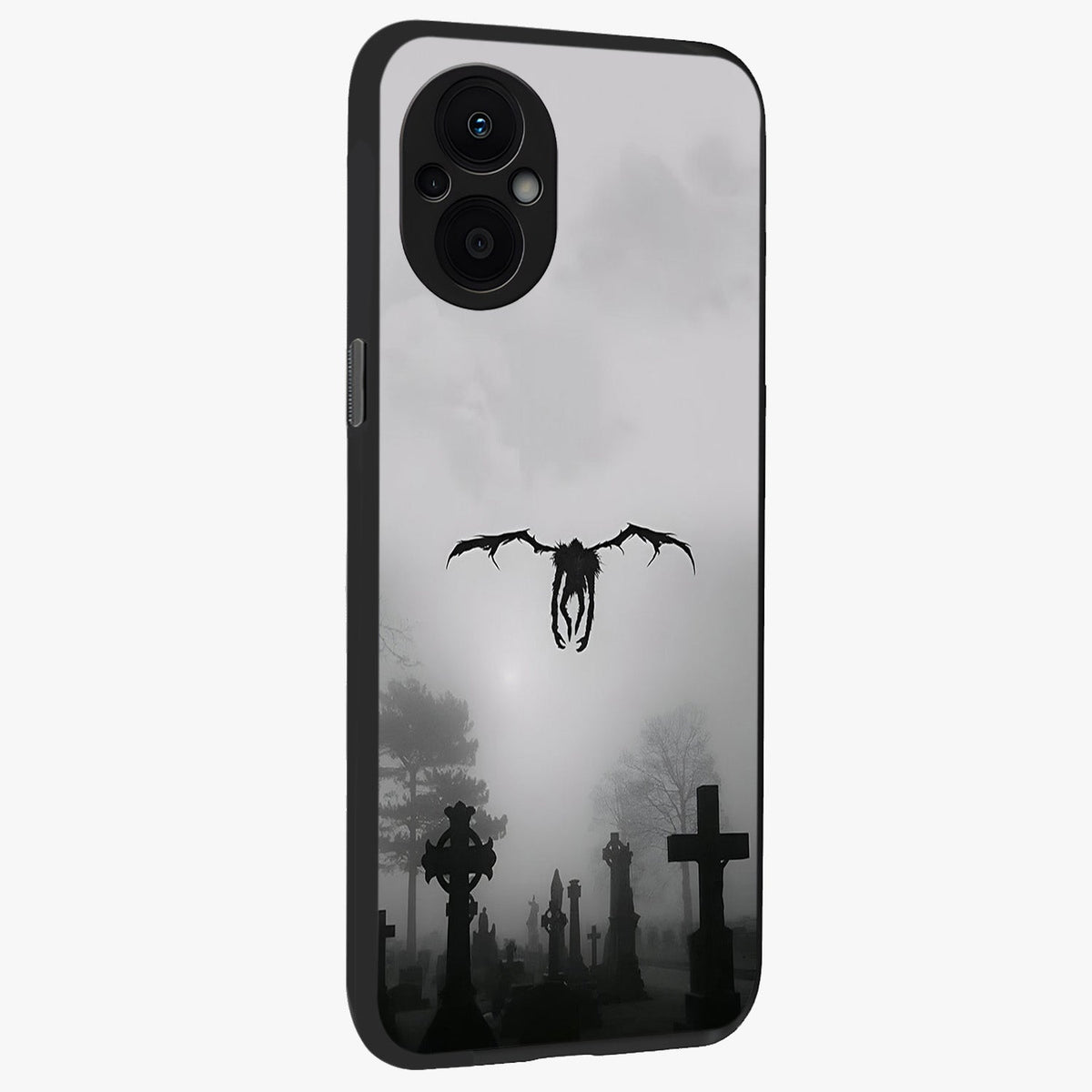Graveyard Shadow Descent Glass Case upright view showcasing haunting graveyard artwork with dramatic dark theme.