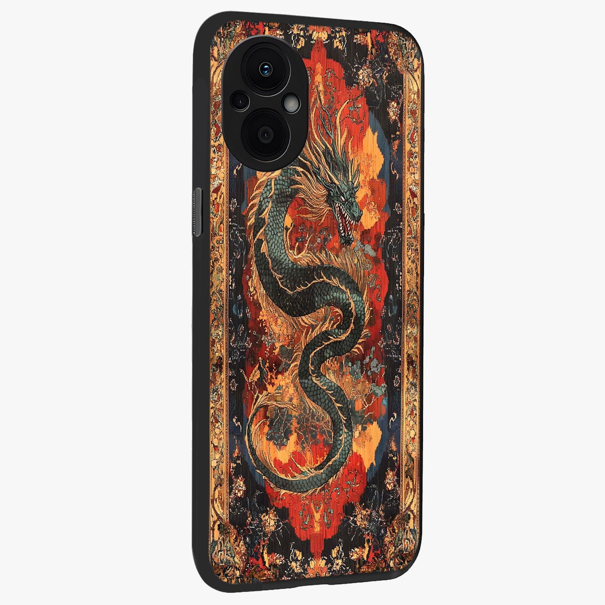 Inferno Dragon Soul Glass Case upright view showcasing intense dragon artwork with fantasy fire theme.