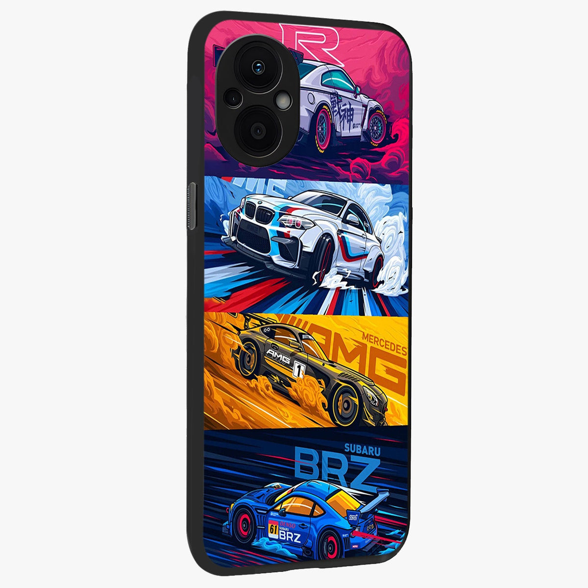 JDM Sports Car Glass Case upright view showcasing dynamic sports car artwork with bold racing theme.