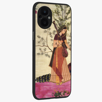 Lady With Veena Art Glass Case upright view showcasing classical veena artwork with traditional artistic theme.