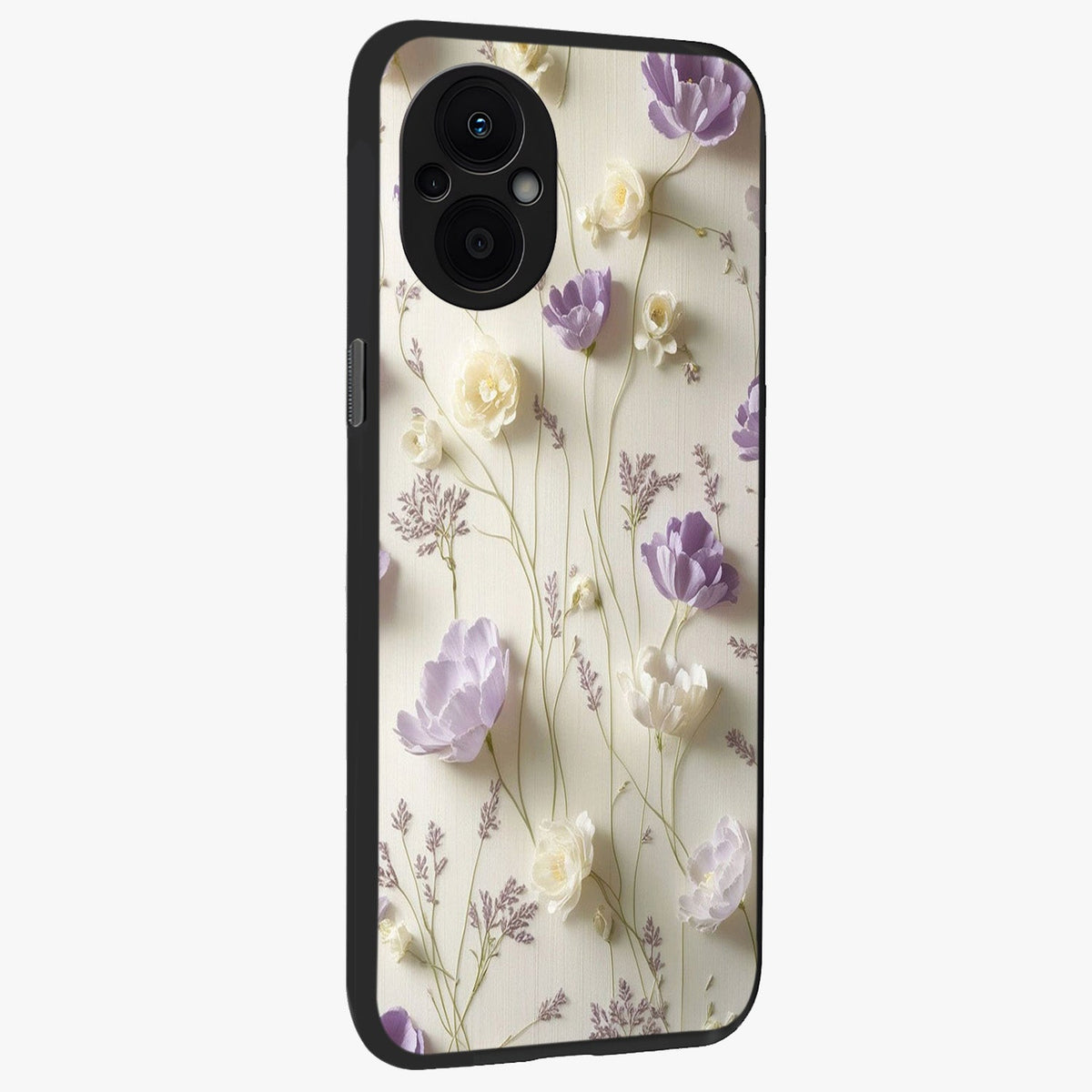 Lilac Breeze Harmony Glass Case upright view showcasing delicate lilac artwork with peaceful floral theme.