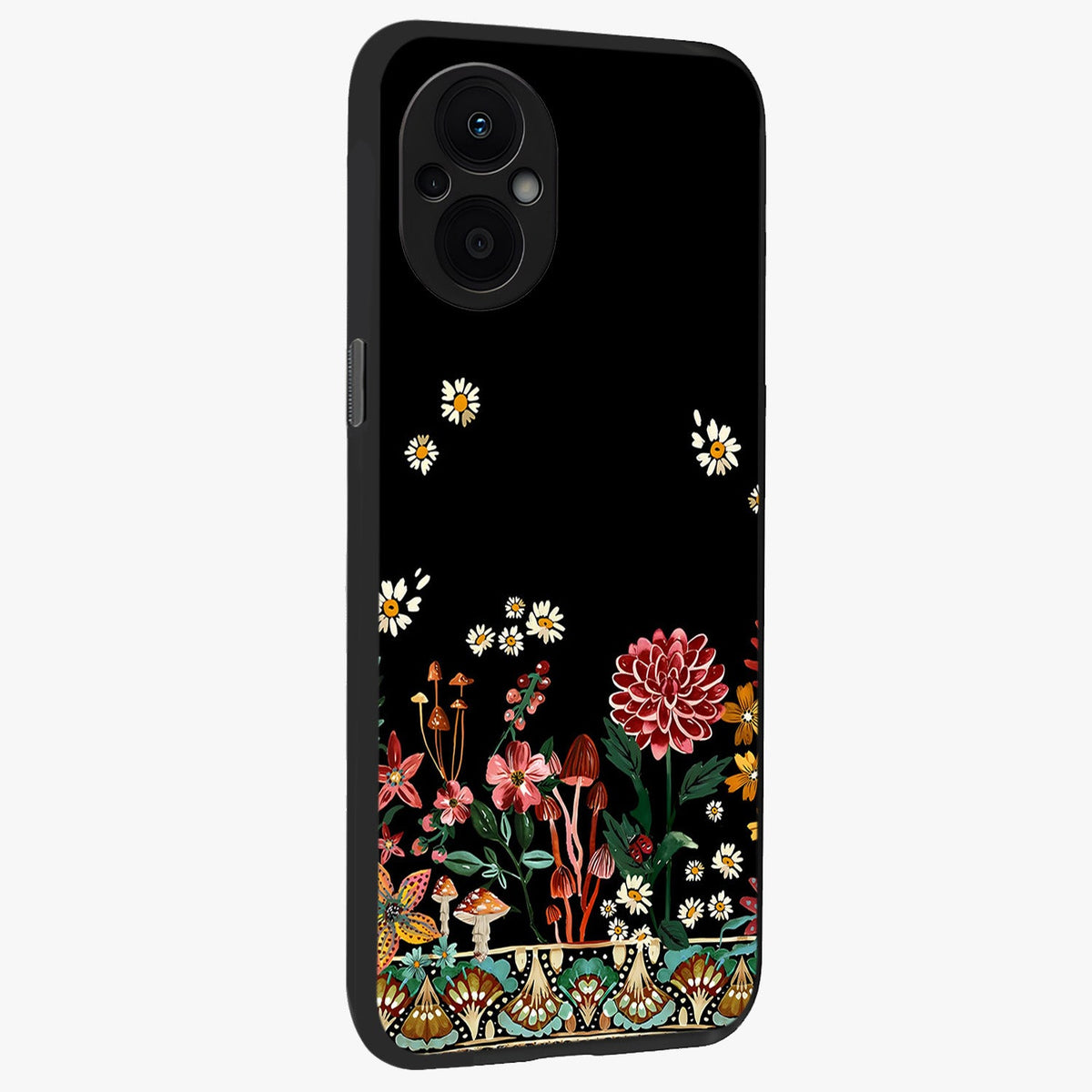 Midnight Bloom Pattern Glass Case upright view showcasing decorative floral artwork with deep night themed palette.