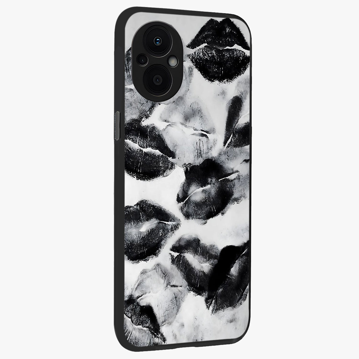 Midnight Kiss Marks Glass Case upright view showcasing stylish kiss mark artwork with trendy romantic theme.