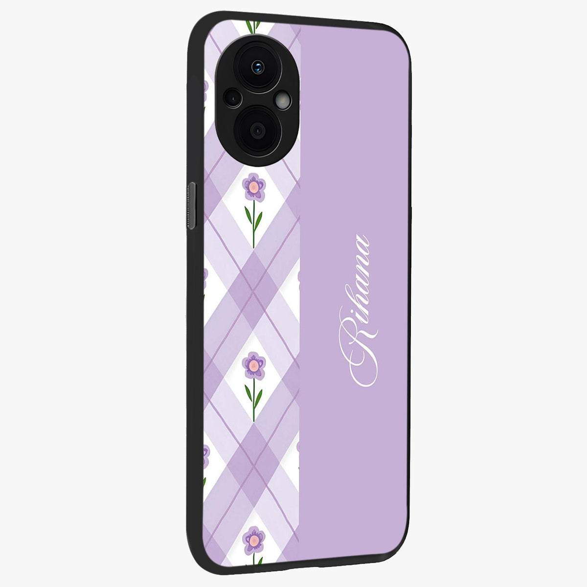 Purple Diamond Floral Glass Case upright view showcasing vibrant floral artwork with stylish geometric theme.