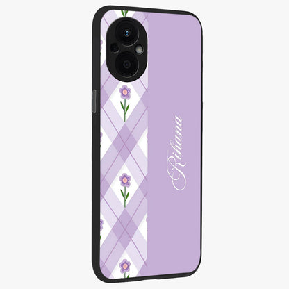 Purple Diamond Floral Glass Case upright view showcasing vibrant floral artwork with stylish geometric theme.