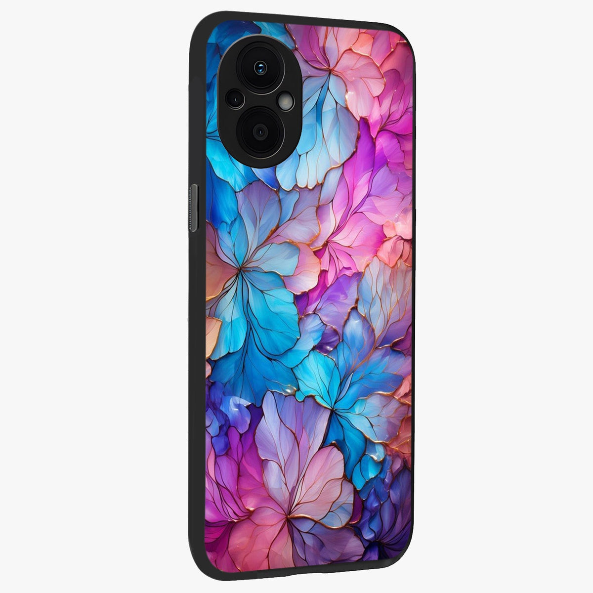 Radiant Floral Whirl Glass Case upright view showcasing lively floral artwork with decorative swirl theme.