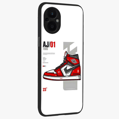 Retro Sneaker Blueprint Glass Case upright view showcasing stylish sneaker illustration with vintage streetwear theme.