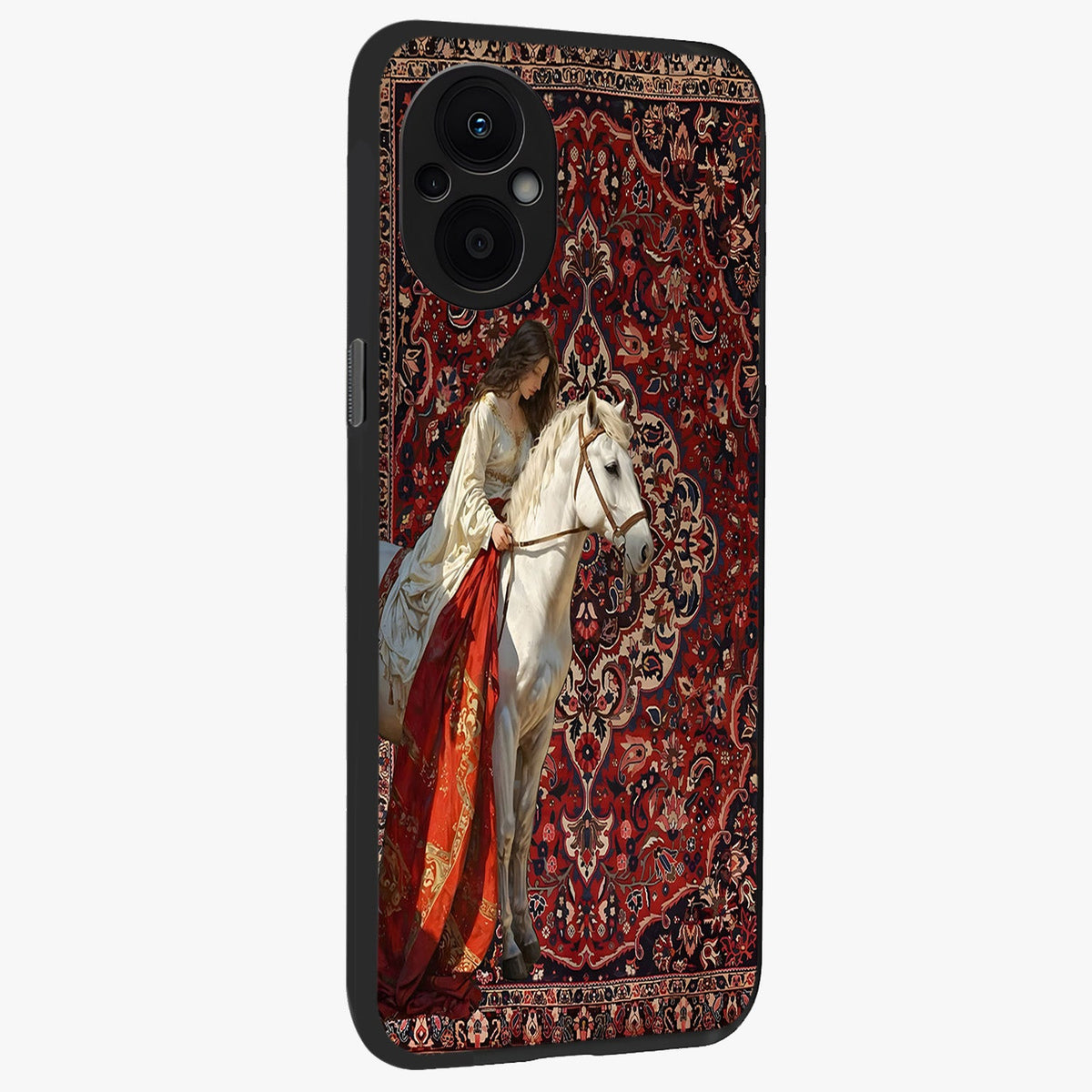 Royal Rider Tapestry Glass Case upright view showcasing detailed rider artwork with classic tapestry theme.