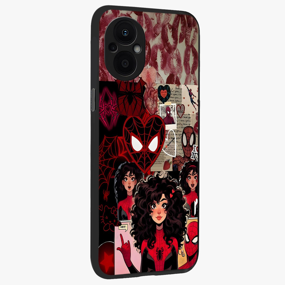 Spider Love Story Glass Case upright view showcasing charming superhero artwork with romantic comic theme.