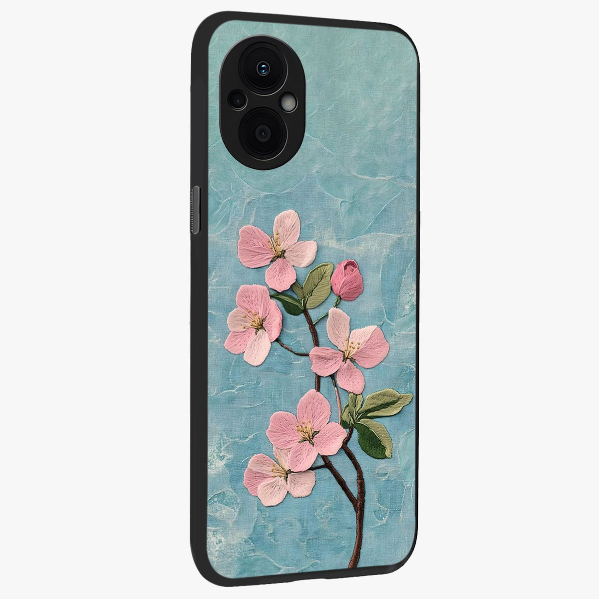 Threaded Blossom Breeze Glass Case upright view showcasing graceful flower artwork with calm botanical theme.