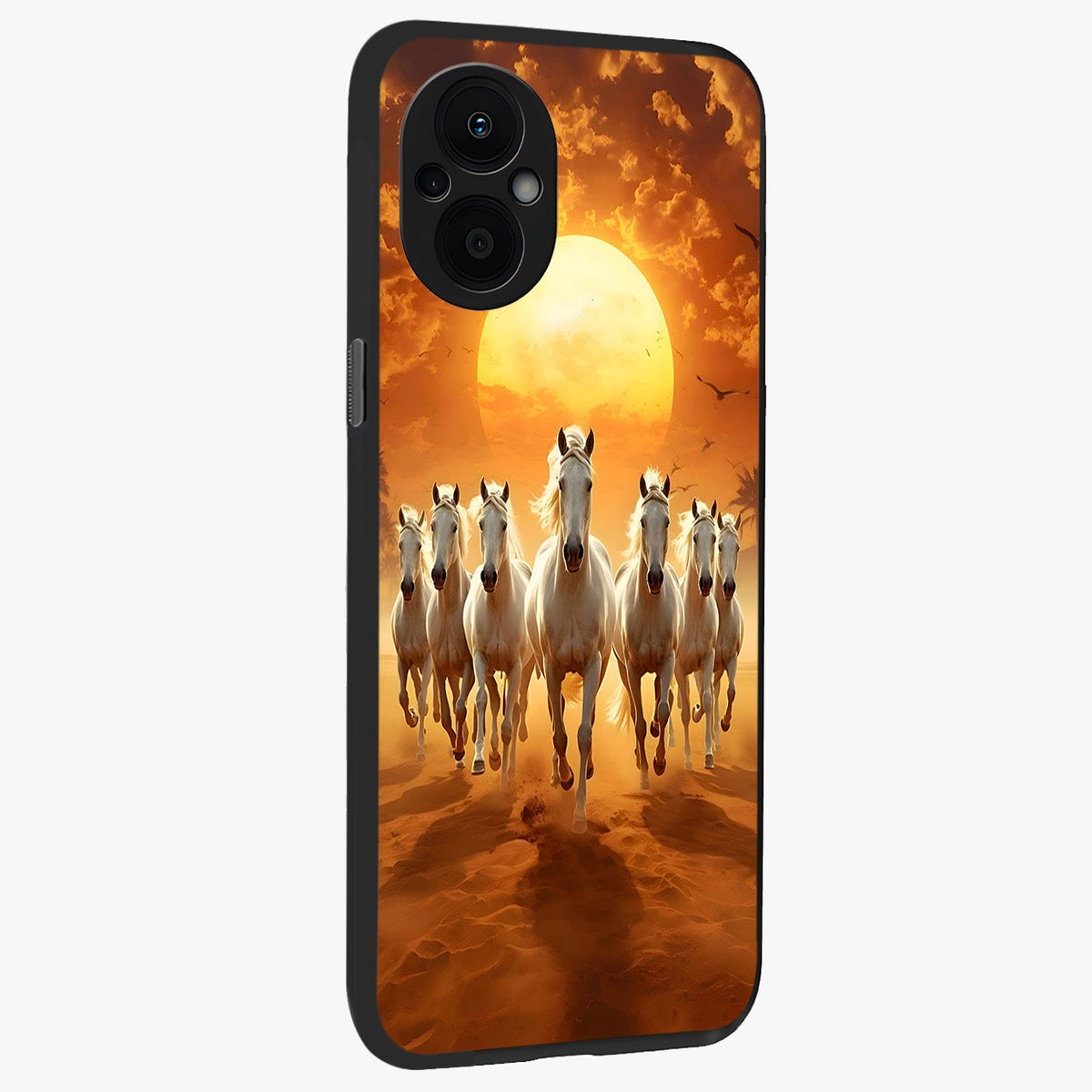 Wild Sunset Majesty Glass Case upright view showcasing dramatic sunset artwork with bold nature theme.