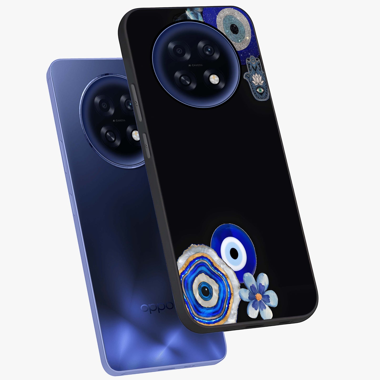 Aesthetic Blue Evil Eye Glass Case displayed in angled mockup highlighting blue evil eye symbol and spiritual aesthetic design.