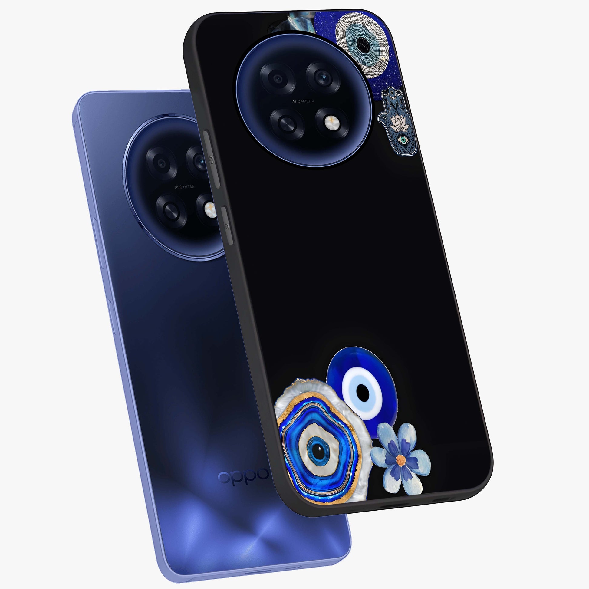 Aesthetic Blue Evil Eye Glass Case displayed in angled mockup highlighting blue evil eye symbol and spiritual aesthetic design.