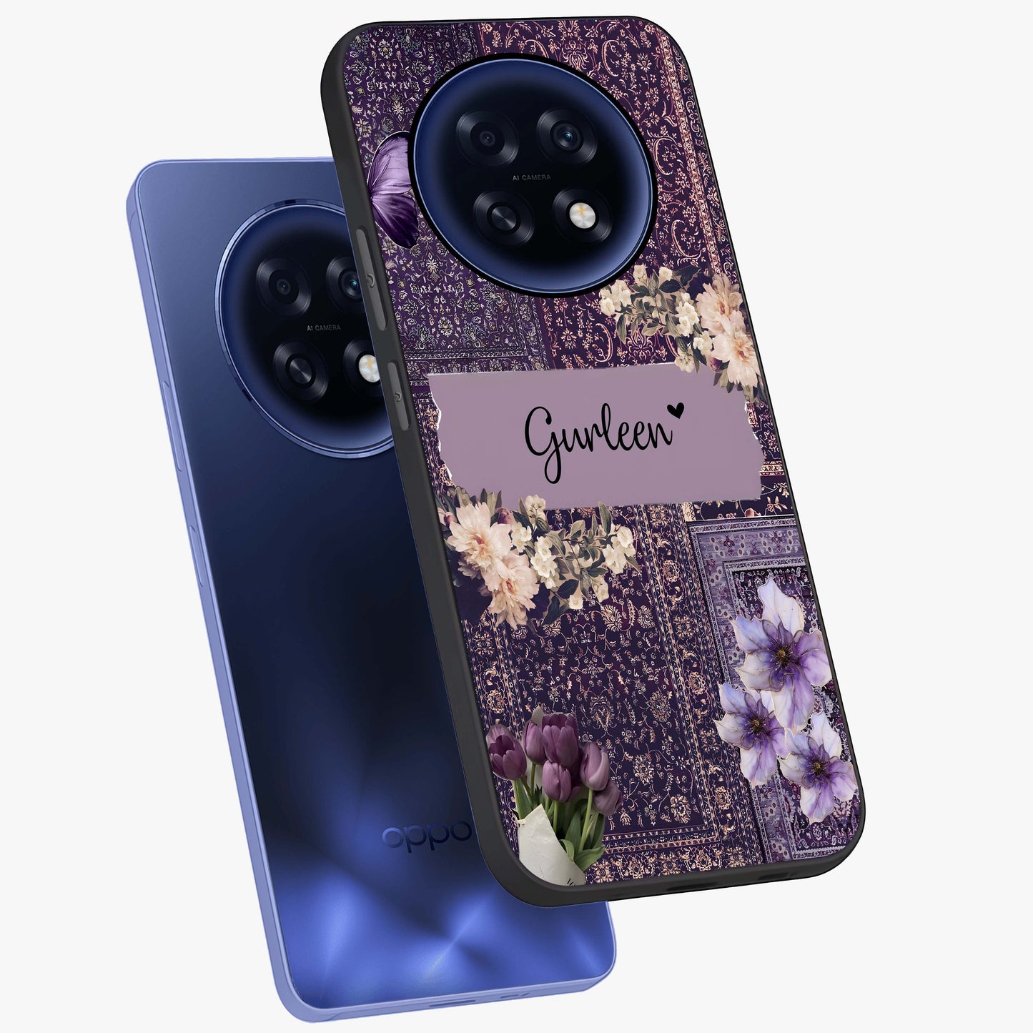 Antique Floral Whisper Custom Name Glass Case displayed in angled mockup highlighting elegant antique floral aesthetic.