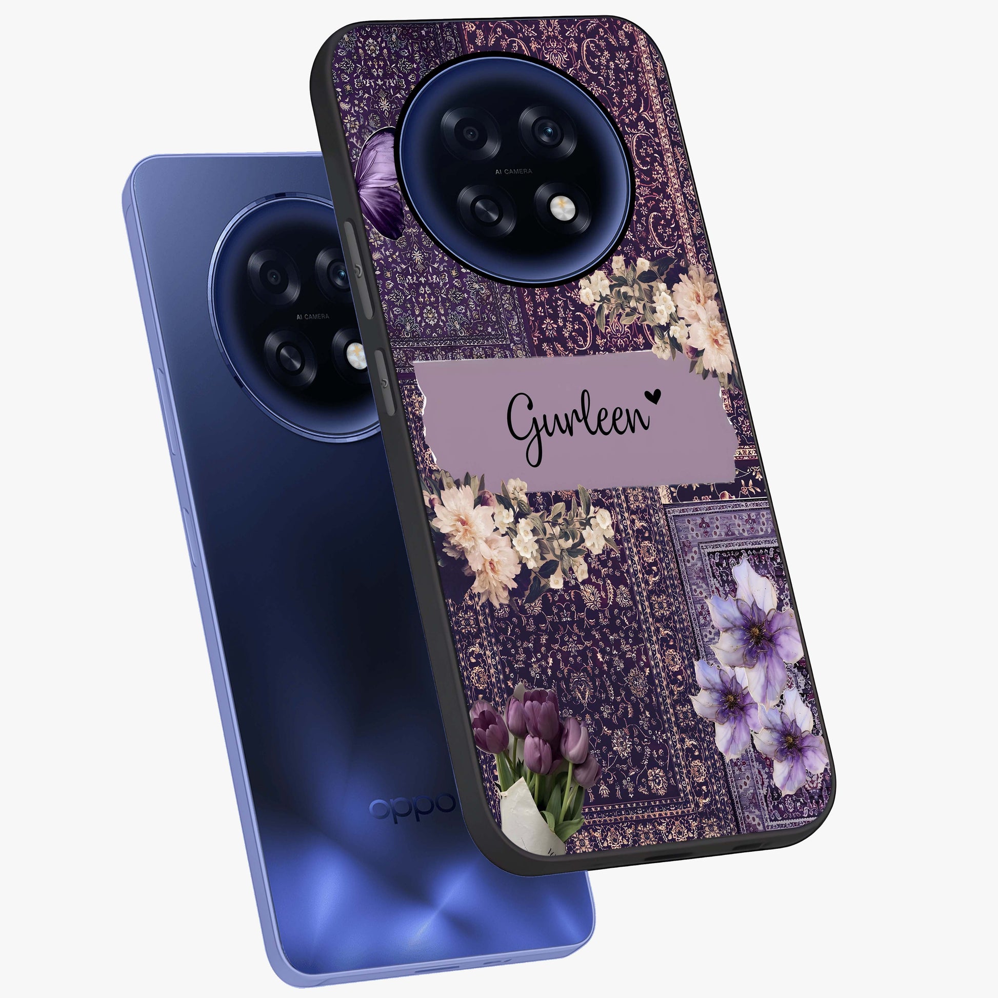 Antique Floral Whisper Custom Name Glass Case displayed in angled mockup highlighting elegant antique floral aesthetic.