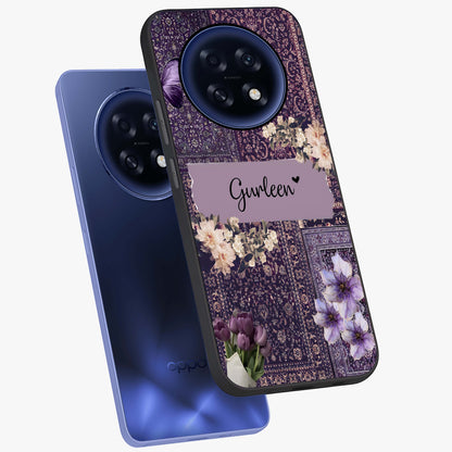 Antique Floral Whisper Custom Name Glass Case displayed in angled mockup highlighting elegant antique floral aesthetic.